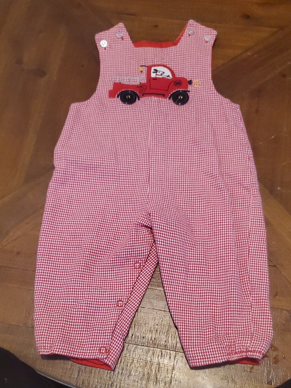 Reversable. Red Gingham Kids Romper with Truck Appliqué/Christmas Trees